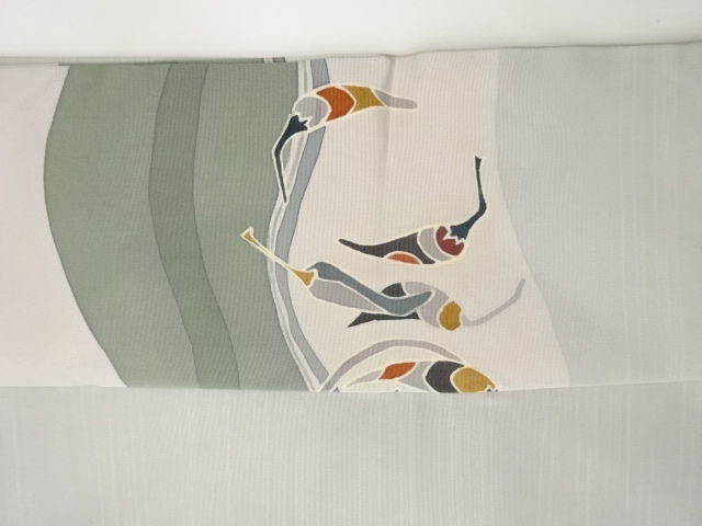  塩瀬よろけ縞に抽象野菜模様名古屋帯